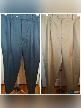 Bundle 2 Jos A Bank Mens 36x30 Pleated Cuffed Chinos Khaki Tan & Navy Blue